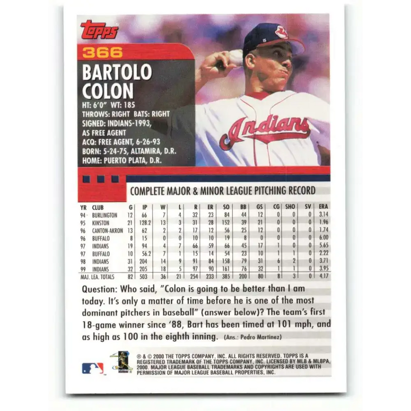 2000 Topps #366 Bartolo Colon EX Excellent Cleveland Indians Baseball Card - Baseball Card Single