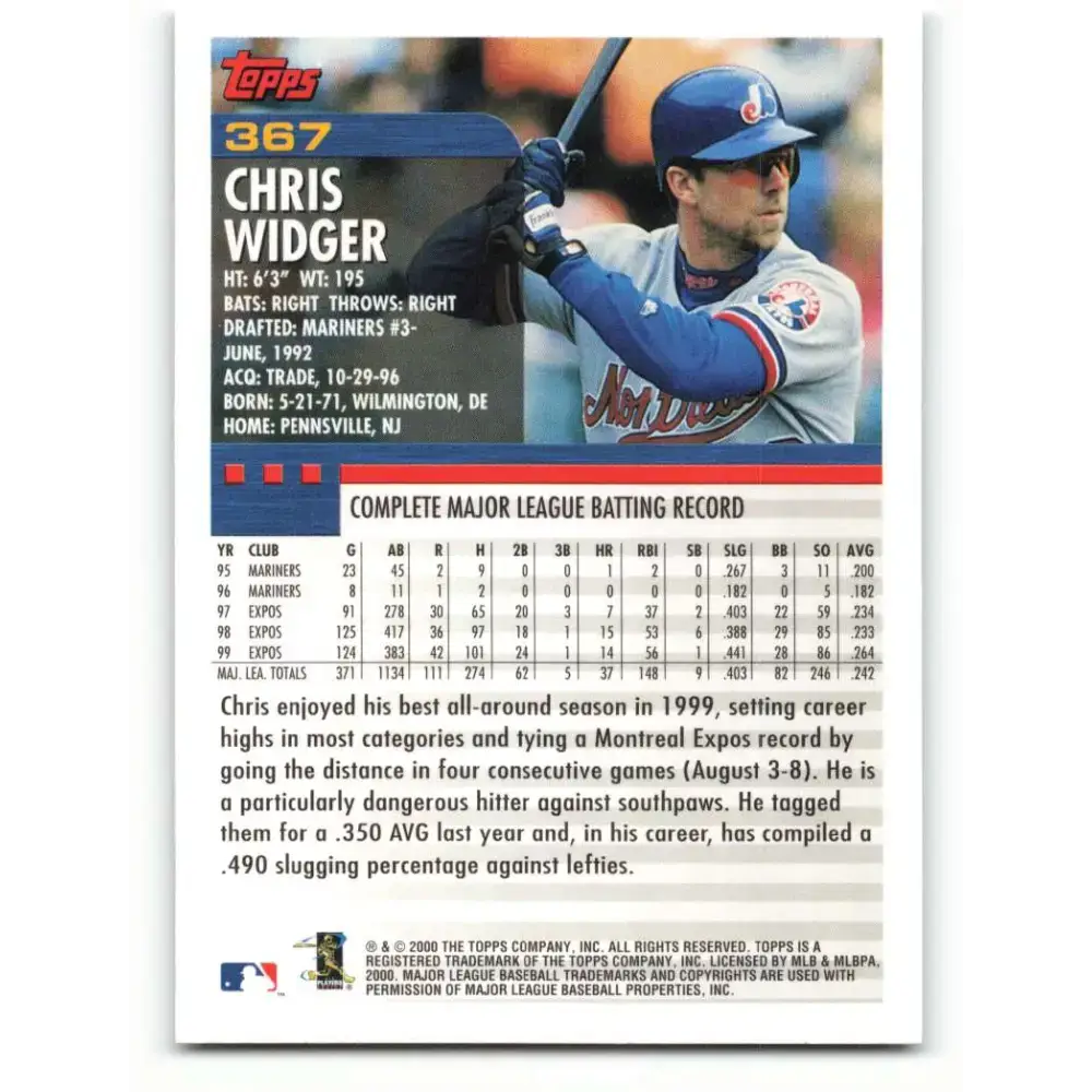 2000 Topps #367 Chris Widger EX Excellent Montreal Expos Baseball Card - Baseball Card Single