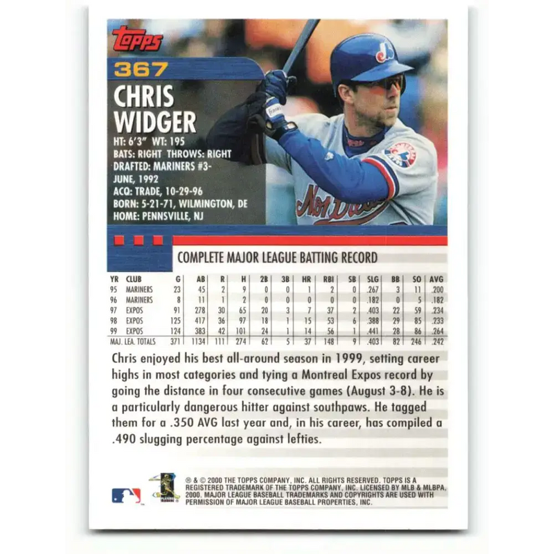 2000 Topps #367 Chris Widger EX Excellent Montreal Expos Baseball Card - Baseball Card Single