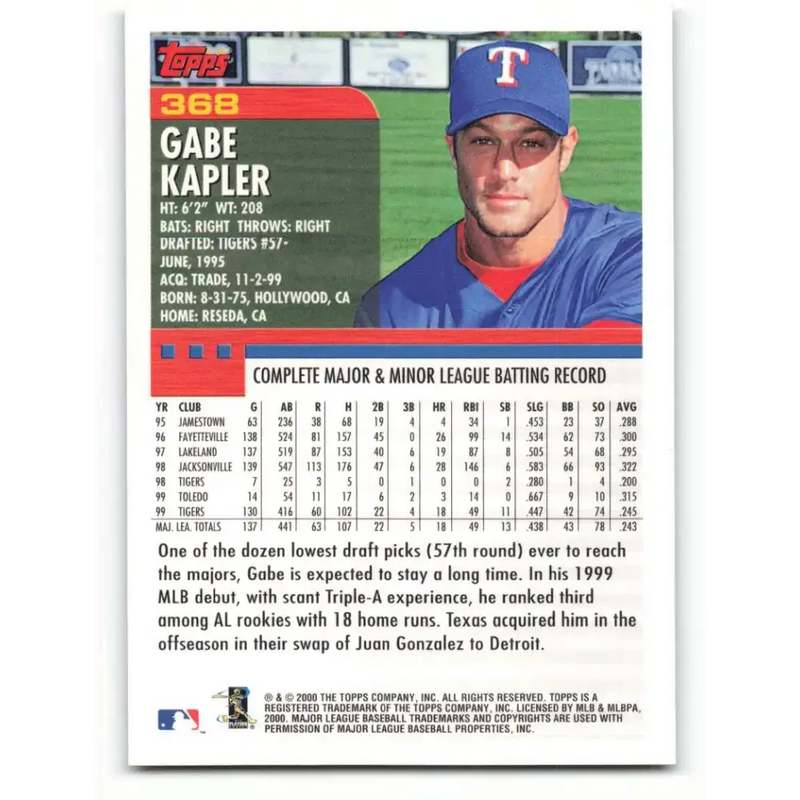 2000 Topps #368 Gabe Kapler EX Excellent Texas Rangers Baseball Card - Baseball Card Single