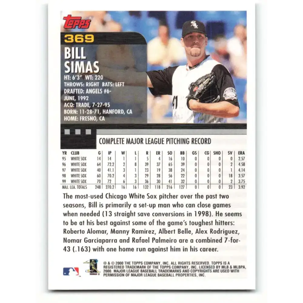 2000 Topps #369 Bill Simas EX Excellent Chicago White Sox Baseball Card - Baseball Card Single