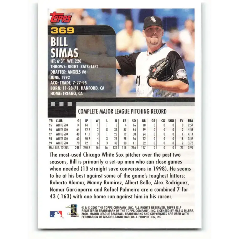 2000 Topps #369 Bill Simas EX Excellent Chicago White Sox Baseball Card - Baseball Card Single