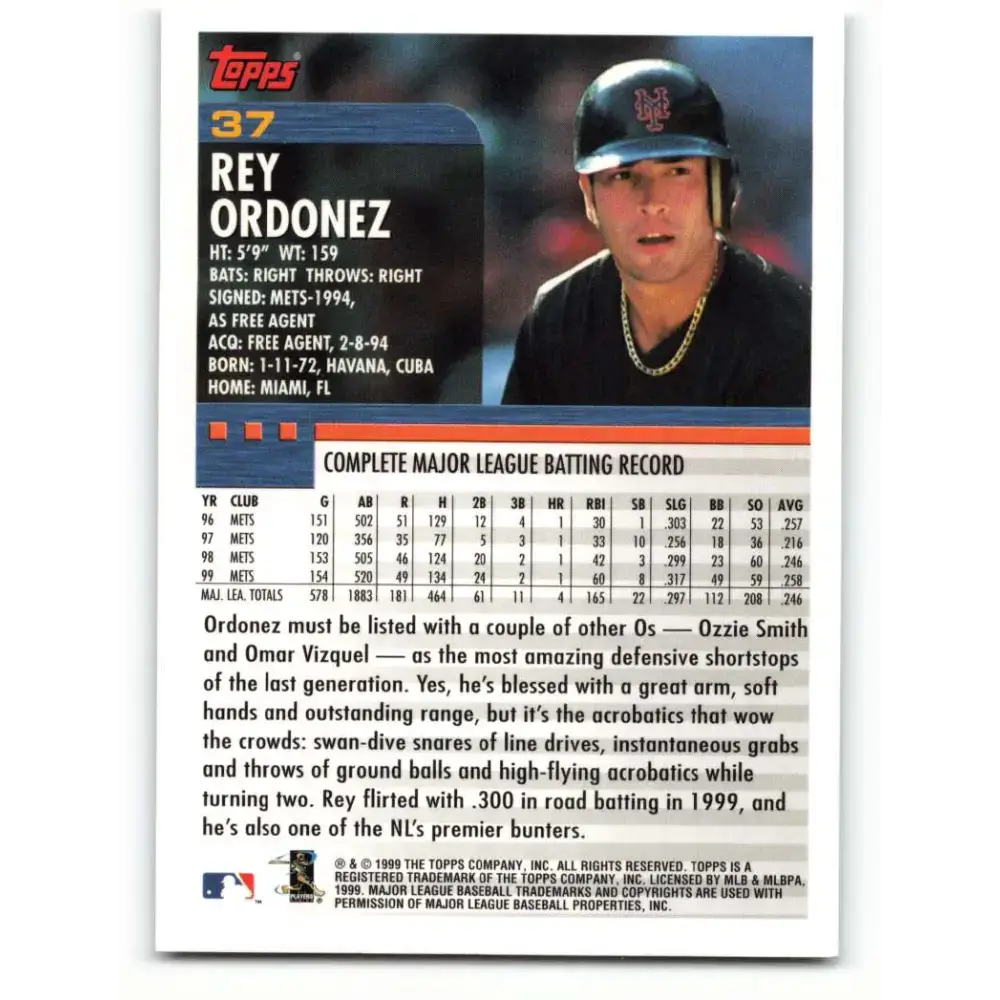 2000 Topps #37 Rey Ordonez EX Excellent New York Mets Baseball Card - Baseball Card Single