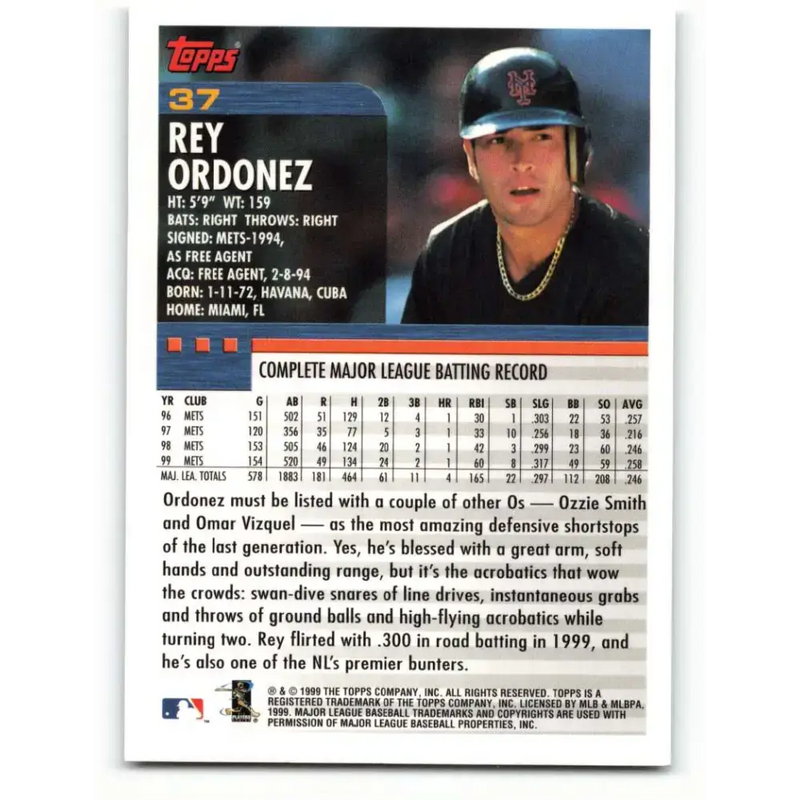 2000 Topps #37 Rey Ordonez EX Excellent New York Mets Baseball Card - Baseball Card Single