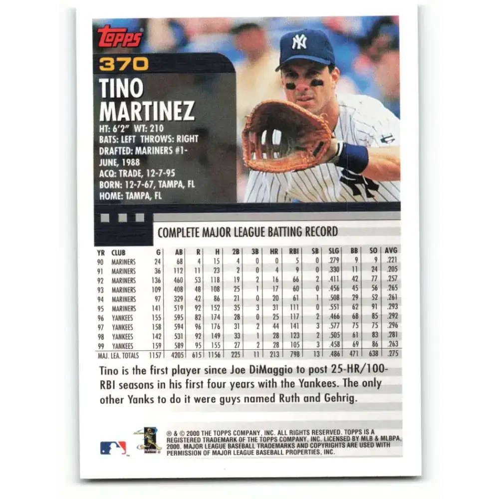 2000 Topps #370 Tino Martinez EX Excellent New York Yankees Baseball Card - Baseball Card Single
