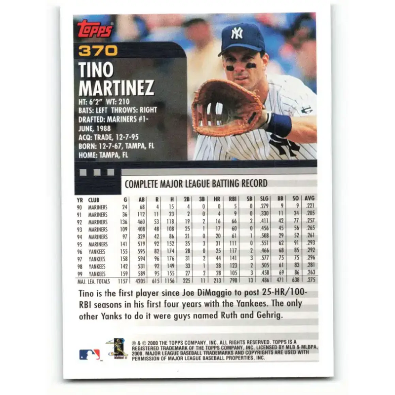 2000 Topps #370 Tino Martinez EX Excellent New York Yankees Baseball Card - Baseball Card Single