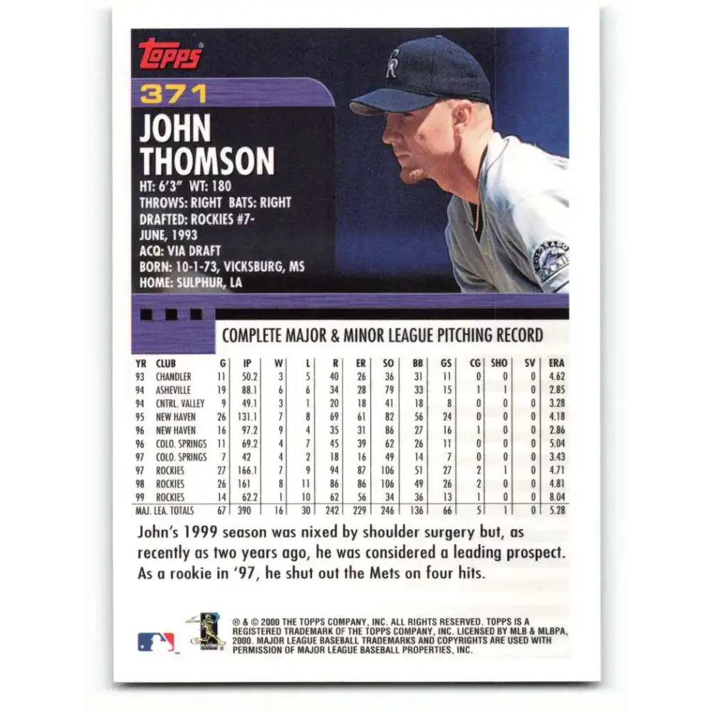 2000 Topps #371 John Thomson EX Excellent Colorado Rockies Baseball Card - Baseball Card Single