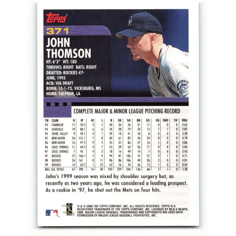 2000 Topps #371 John Thomson EX Excellent Colorado Rockies Baseball Card - Baseball Card Single