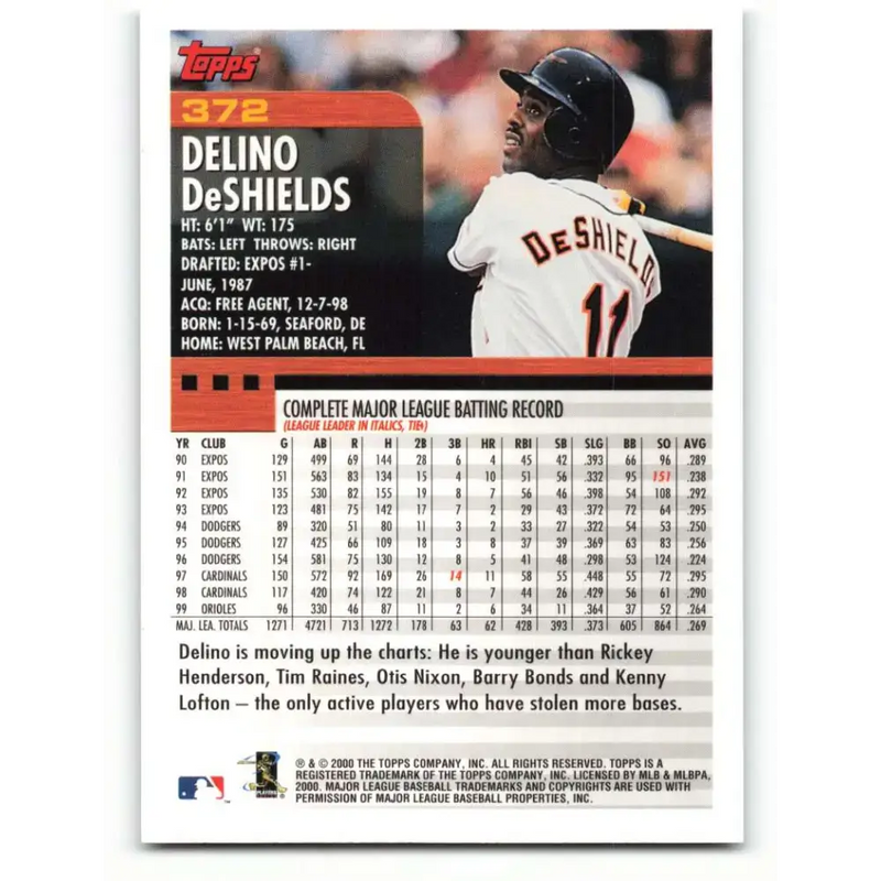 2000 Topps #372 Delino Deshields EX Excellent Baltimore Orioles Baseball Card - Baseball Card Single