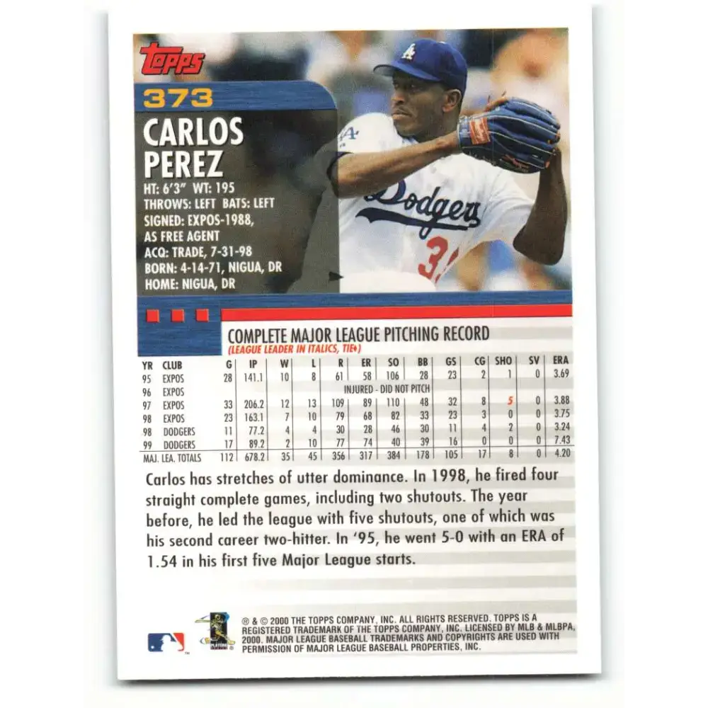 2000 Topps #373 Carlos Perez EX Excellent Los Angeles Dodgers Baseball Card - Baseball Card Single