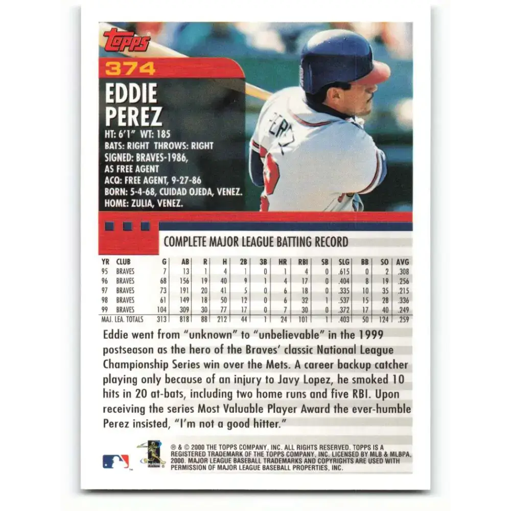 2000 Topps #374 Eddie Perez EX Excellent Atlanta Braves Baseball Card - Baseball Card Single