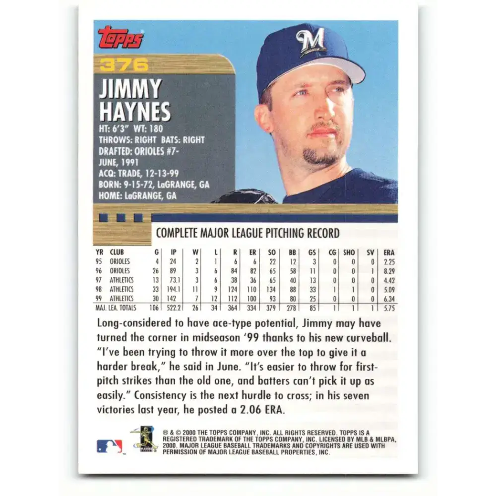 2000 Topps #376 Jimmy Haynes EX Excellent Milwaukee Brewers Baseball Card - Baseball Card Single