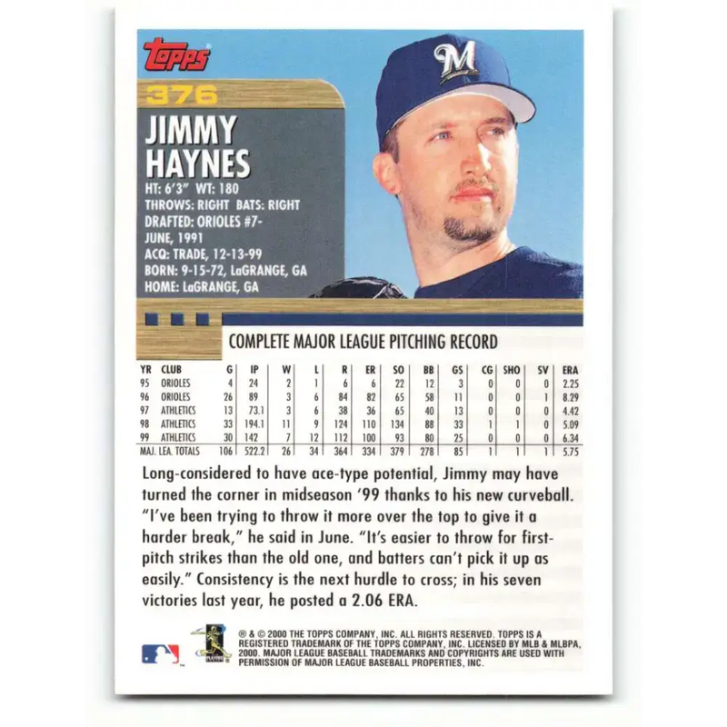 2000 Topps #376 Jimmy Haynes EX Excellent Milwaukee Brewers Baseball Card - Baseball Card Single
