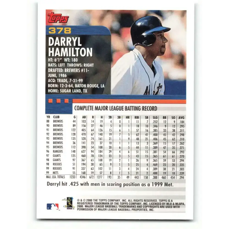 2000 Topps #378 Darryl Hamilton EX Excellent New York Mets Baseball Card - Baseball Card Single