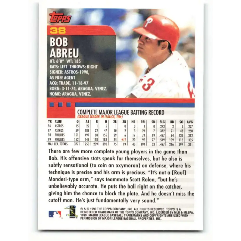 2000 Topps #38 Bobby Abreu EX Excellent Philadelphia Phillies Baseball Card - Baseball Card Single