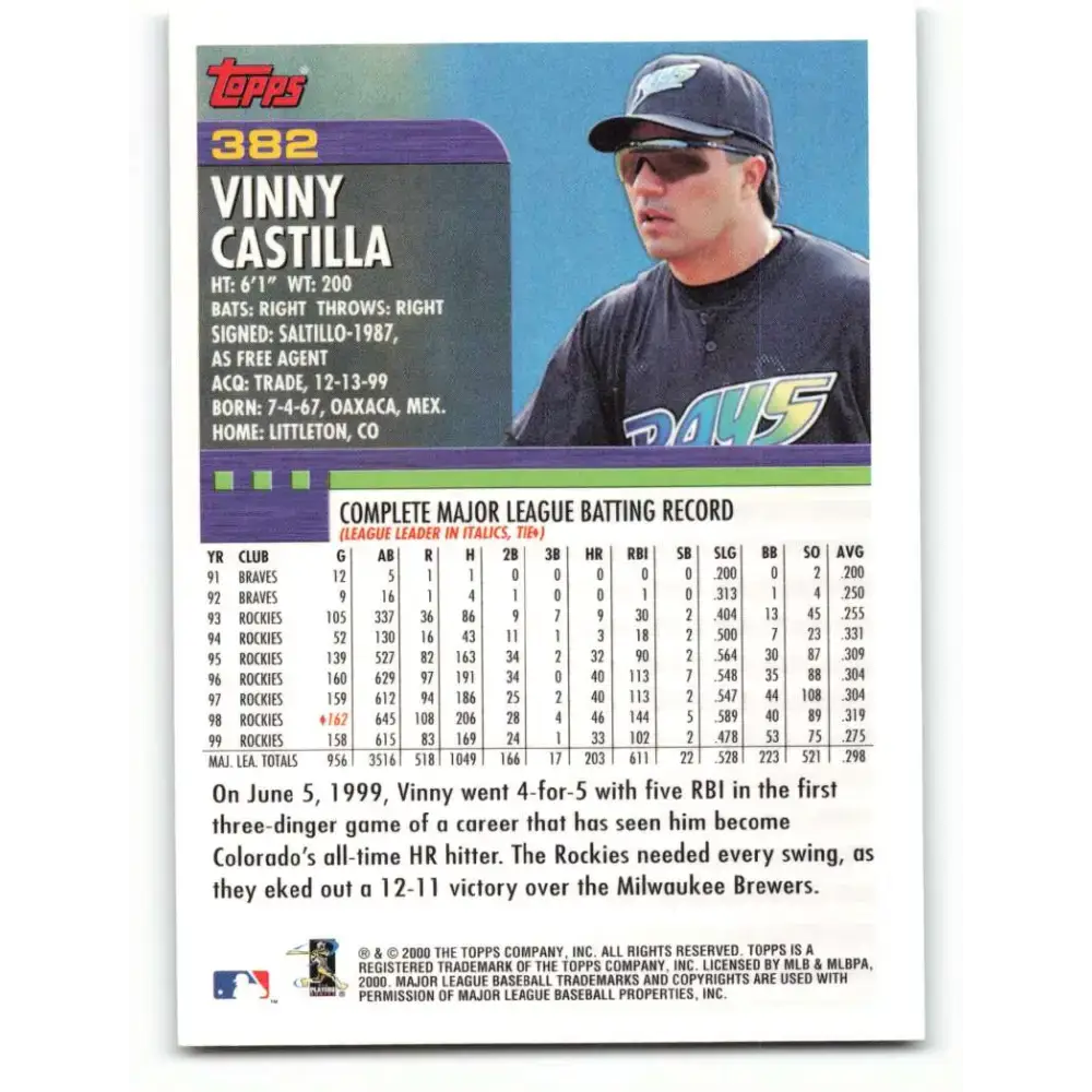 2000 Topps #382 Vinny Castilla EX Excellent Tampa Bay Devil Rays Baseball Card - Baseball Card Single
