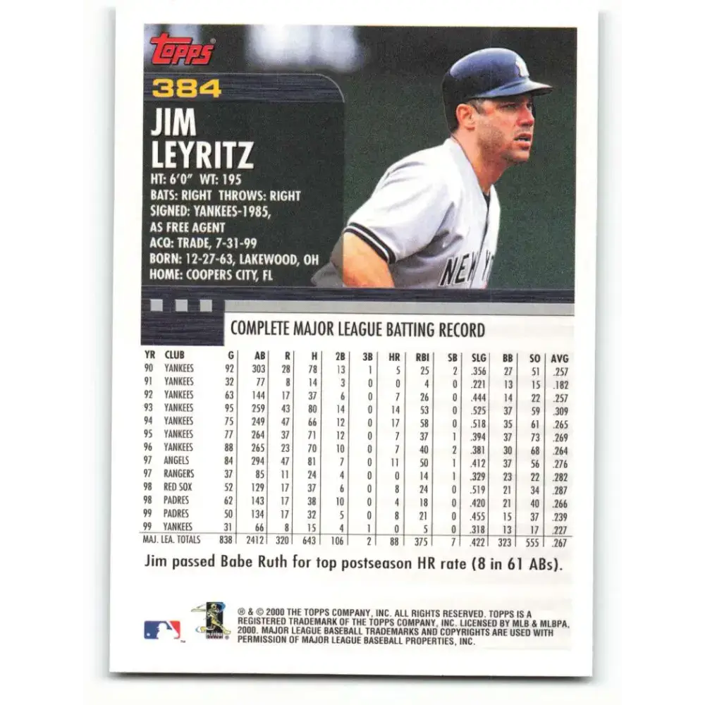 2000 Topps #384 Jim Leyritz EX Excellent New York Yankees Baseball Card - Baseball Card Single