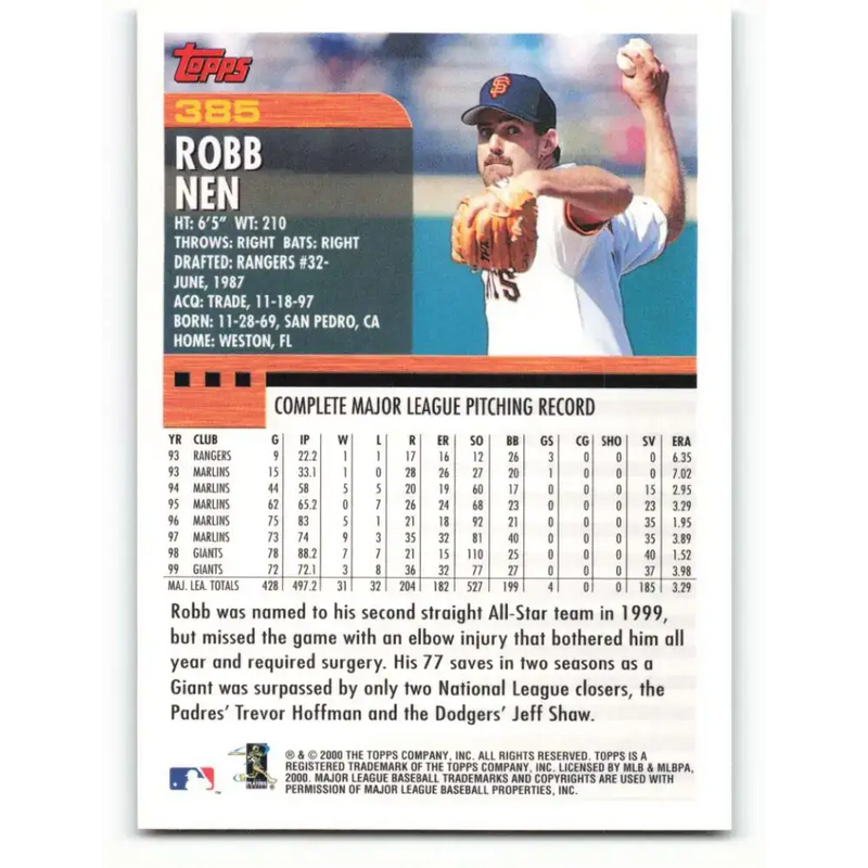 2000 Topps #385 Robb Nen EX Excellent San Francisco Giants Baseball Card - Baseball Card Single