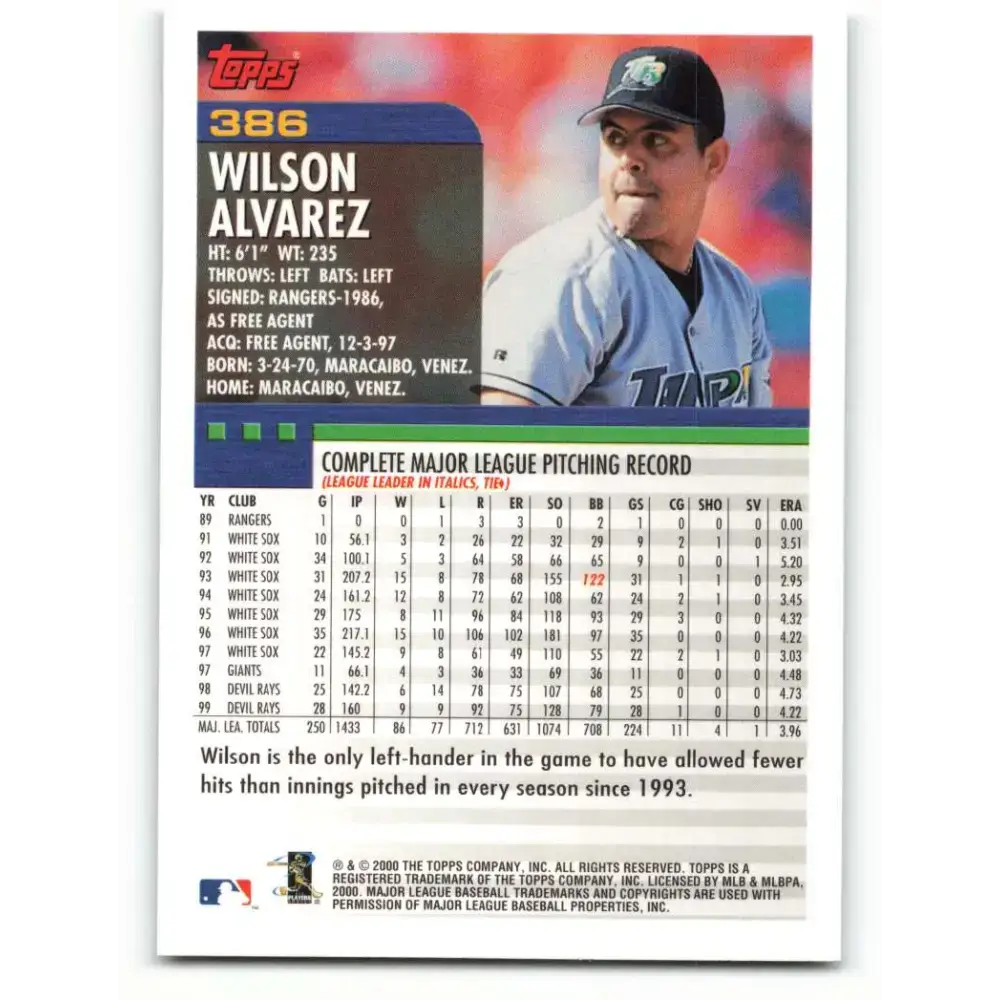 2000 Topps #386 Wilson Alvarez EX Excellent Tampa Bay Devil Rays Baseball Card - Baseball Card Single