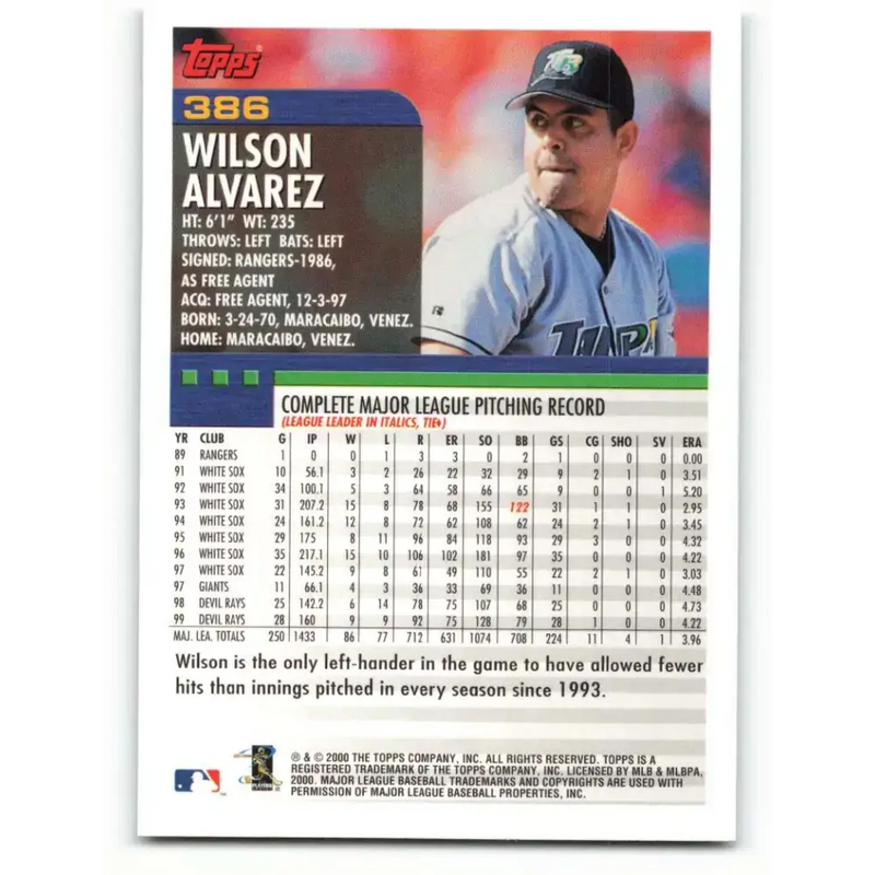 2000 Topps #386 Wilson Alvarez EX Excellent Tampa Bay Devil Rays Baseball Card - Baseball Card Single