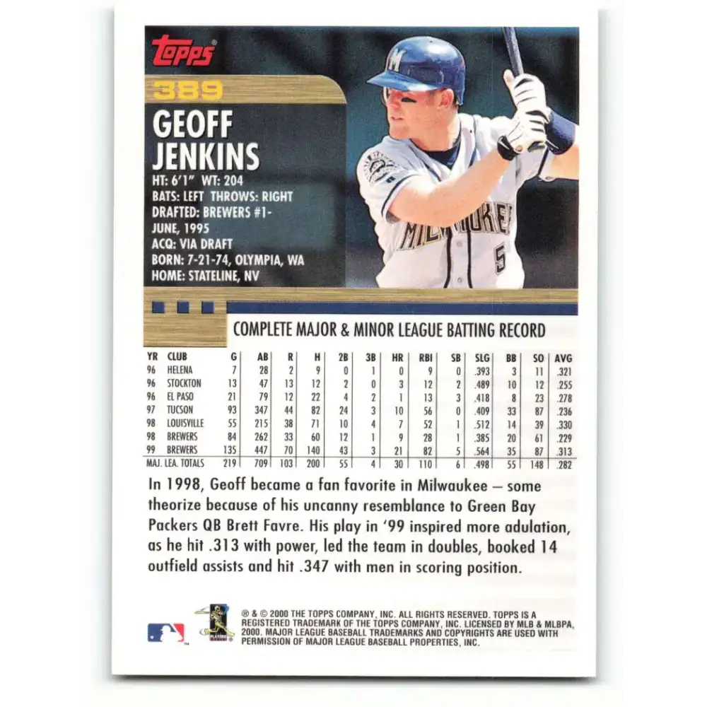 2000 Topps #389 Geoff Jenkins EX Excellent Milwaukee Brewers Baseball Card - Baseball Card Single