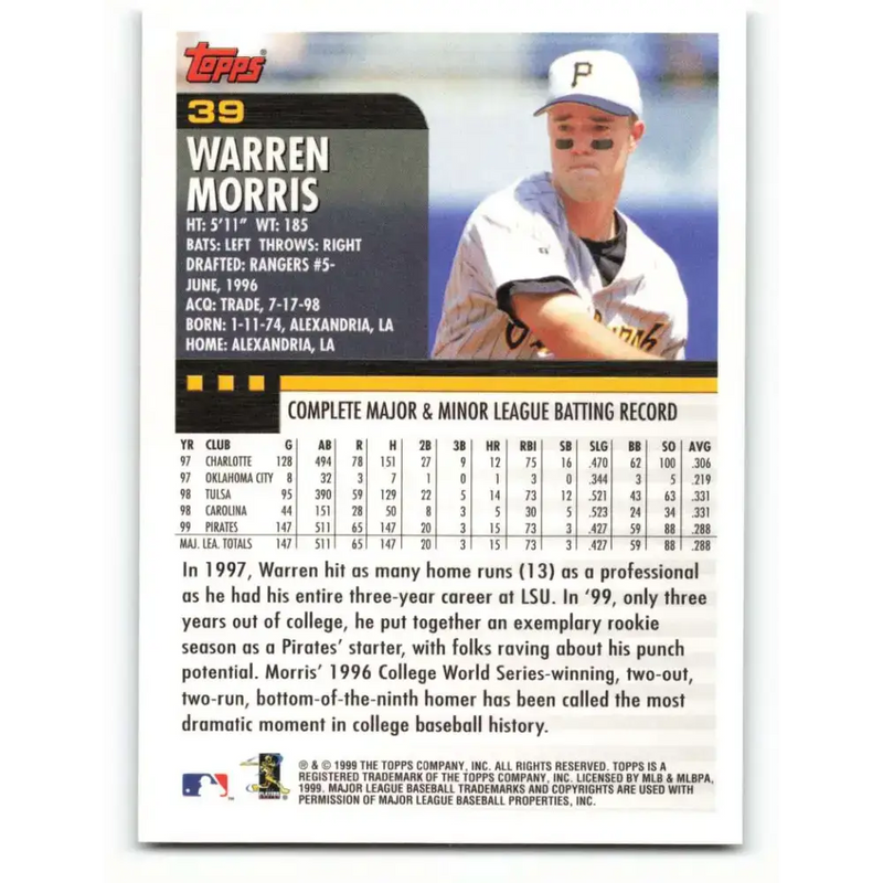 2000 Topps #39 Warren Morris EX Excellent Pittsburgh Pirates Baseball Card - Baseball Card Single