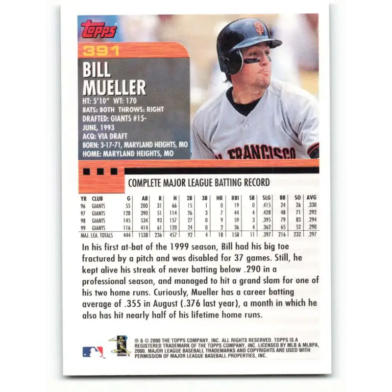 2000 Topps #391 Bill Mueller EX Excellent San Francisco Giants Baseball Card - Baseball Card Single