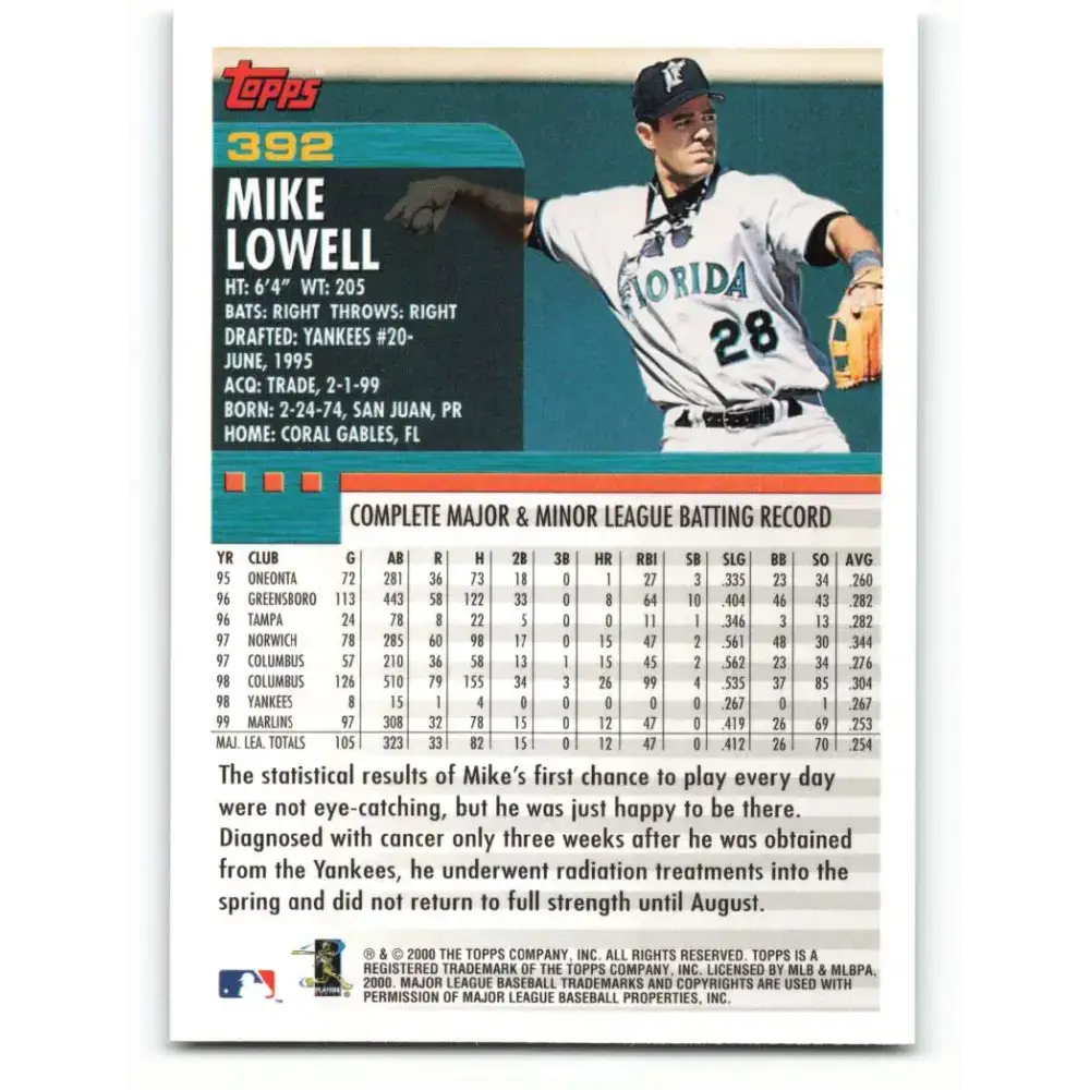 2000 Topps #392 Mike Lowell EX Excellent Florida Marlins Baseball Card - Baseball Card Single