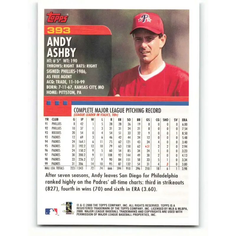 2000 Topps #393 Andy Ashby EX Excellent Philadelphia Phillies Baseball Card - Baseball Card Single
