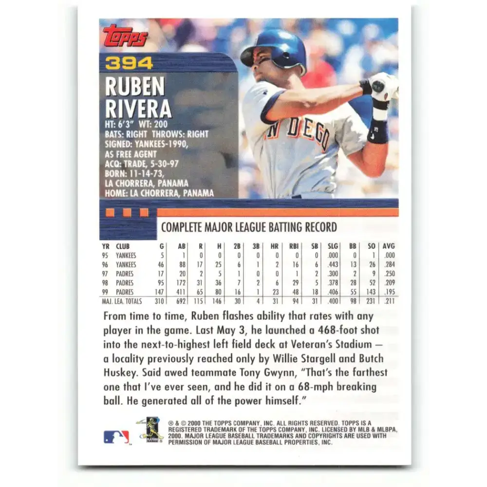 2000 Topps #394 Ruben Rivera EX Excellent San Diego Padres Baseball Card - Baseball Card Single