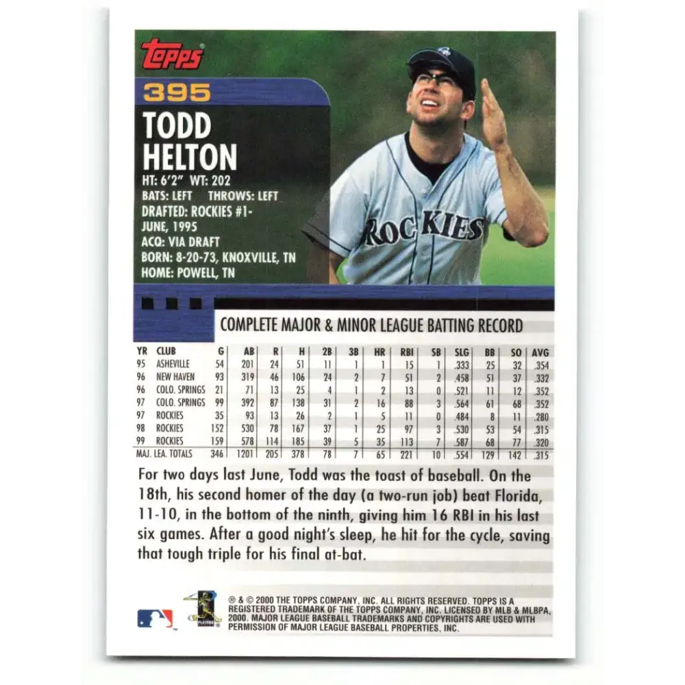 2000 Topps #395 Todd Helton EX Excellent Colorado Rockies Baseball Card - Baseball Card Single