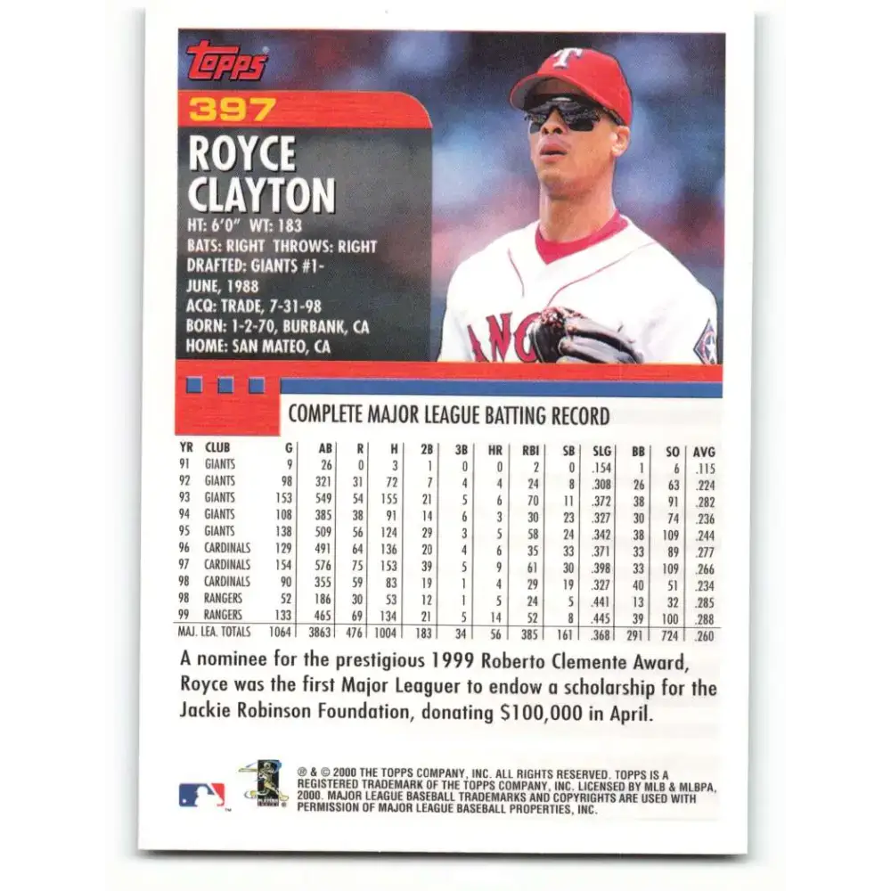 2000 Topps #397 Royce Clayton EX Excellent Texas Rangers Baseball Card - Baseball Card Single