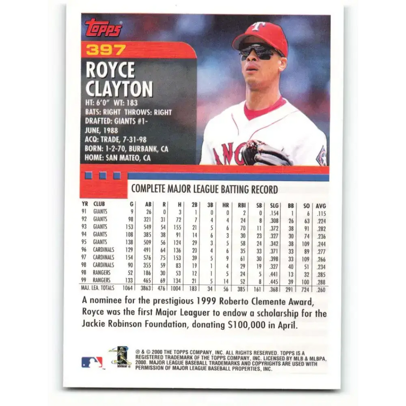 2000 Topps #397 Royce Clayton EX Excellent Texas Rangers Baseball Card - Baseball Card Single