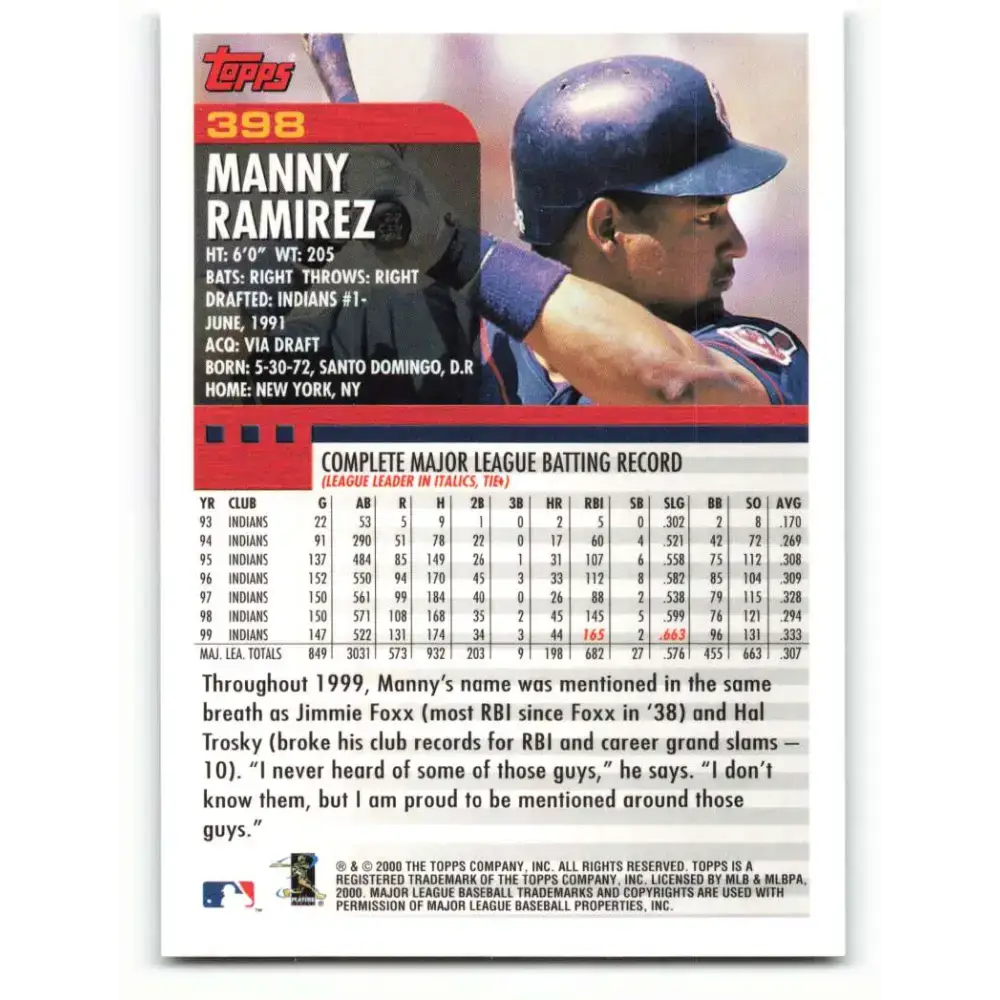 2000 Topps #398 Manny Ramirez EX Excellent Cleveland Indians Baseball Card - Baseball Card Single