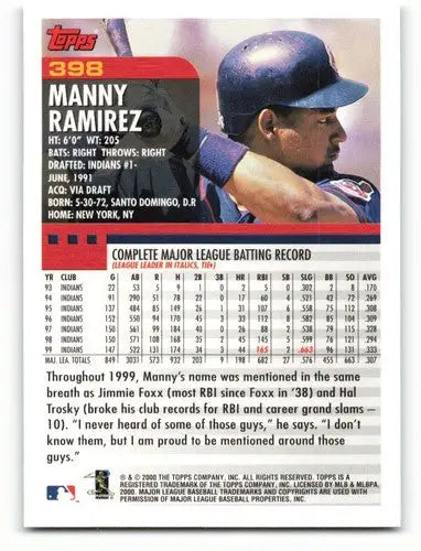 2000 Topps #398 Manny Ramirez NM-MT Indians ID:81221 - Baseball Card Single