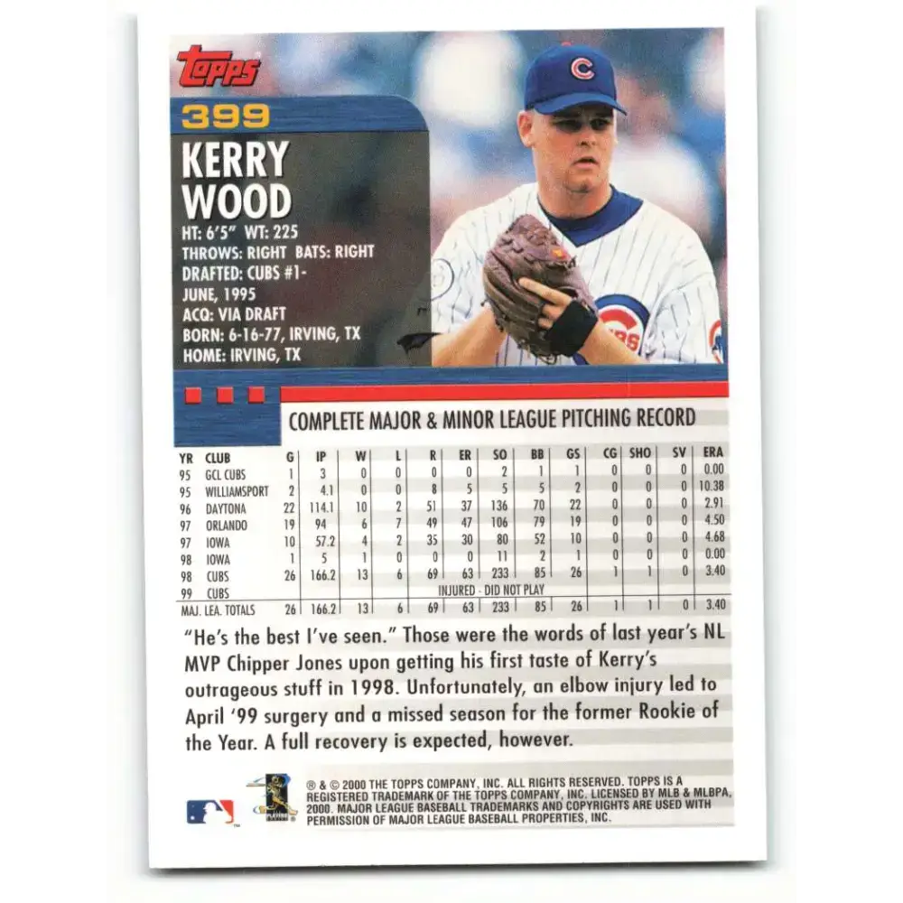 2000 Topps #399 Kerry Wood EX Excellent Chicago Cubs Baseball Card - Baseball Card Single
