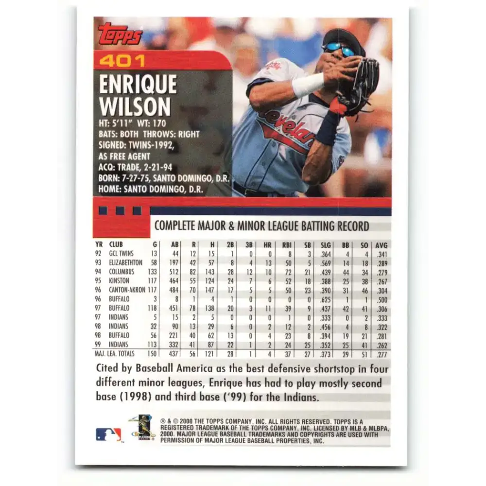 2000 Topps #401 Enrique Wilson EX Excellent Cleveland Indians Baseball Card - Baseball Card Single