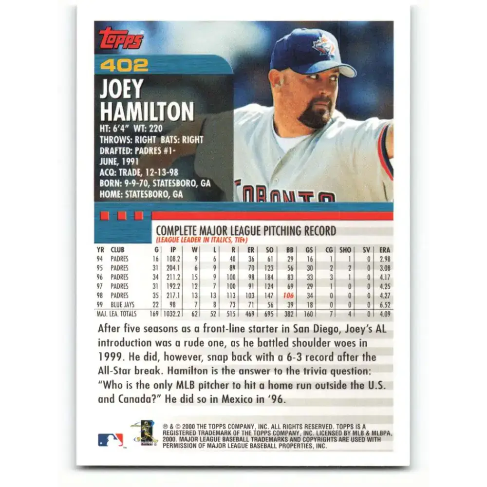 2000 Topps #402 Joey Hamilton EX Excellent Toronto Blue Jays Baseball Card - Baseball Card Single