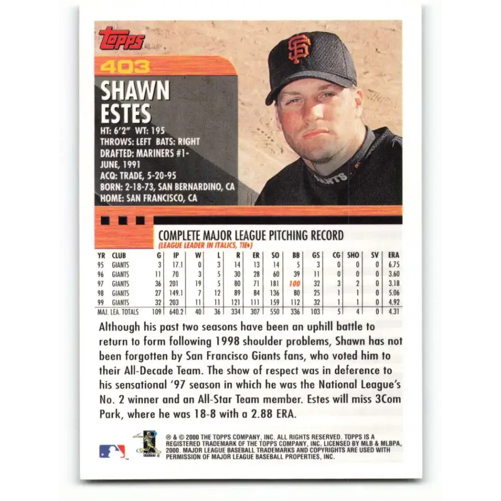 2000 Topps #403 Shawn Estes EX Excellent San Francisco Giants Baseball Card - Baseball Card Single