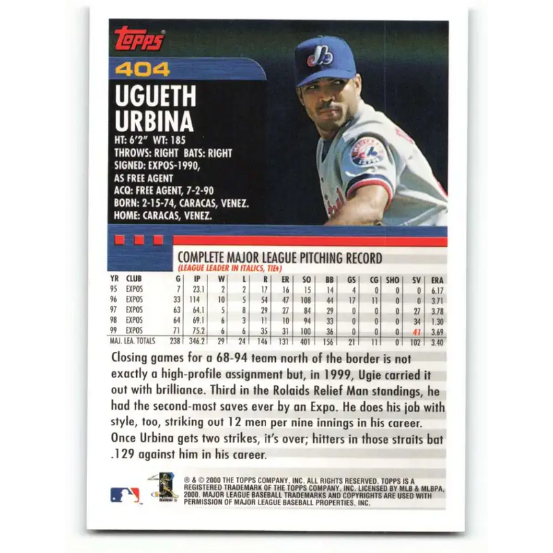 2000 Topps #404 Ugueth Urbina EX Excellent Montreal Expos Baseball Card - Baseball Card Single