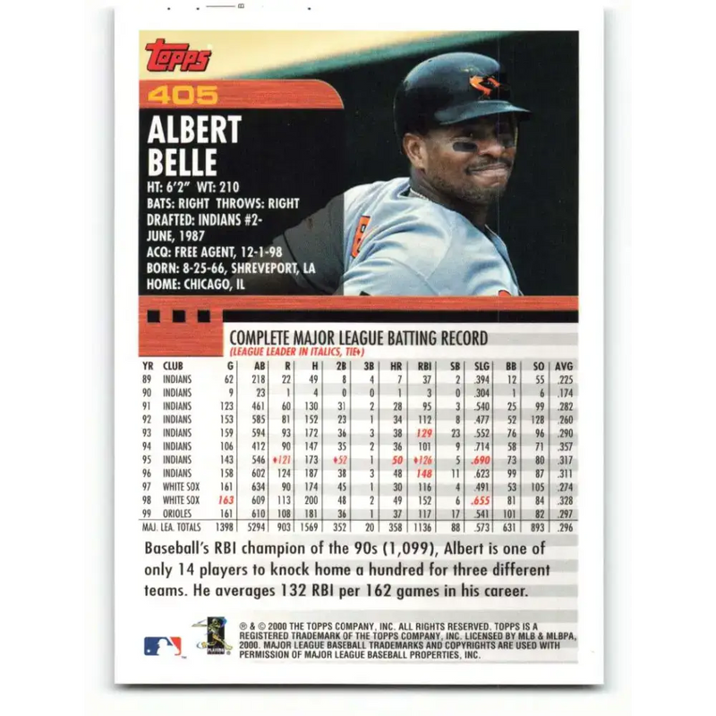 2000 Topps #405 Albert Belle EX Excellent Baltimore Orioles Baseball Card - Baseball Card Single