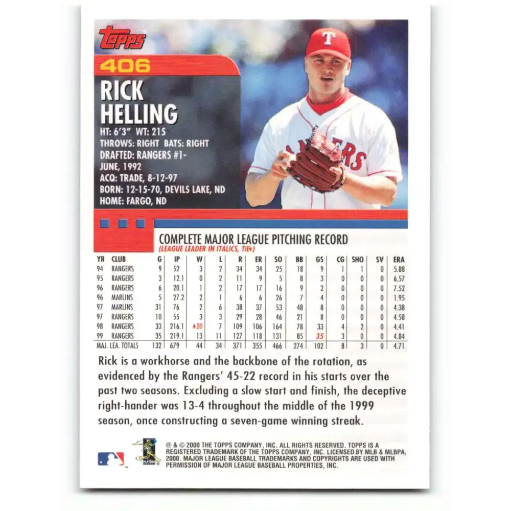 2000 Topps #406 Rick Helling EX Excellent Texas Rangers Baseball Card - Baseball Card Single