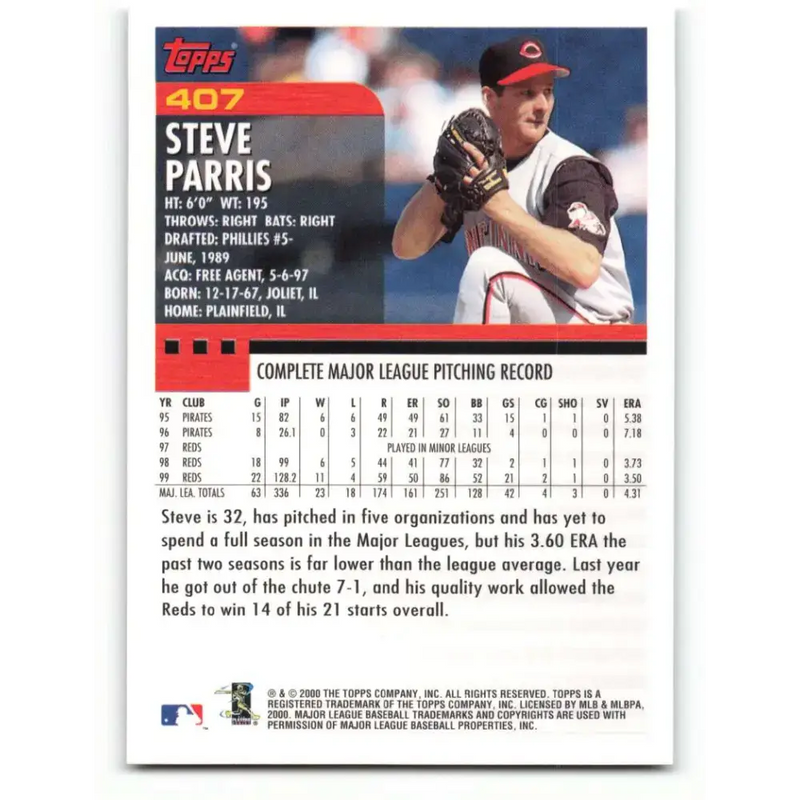 2000 Topps #407 Steve Parris EX Excellent Cincinnati Reds Baseball Card - Baseball Card Single