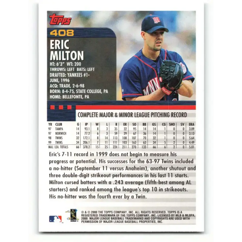 2000 Topps #408 Eric Milton EX Excellent Minnesota Twins Baseball Card - Baseball Card Single