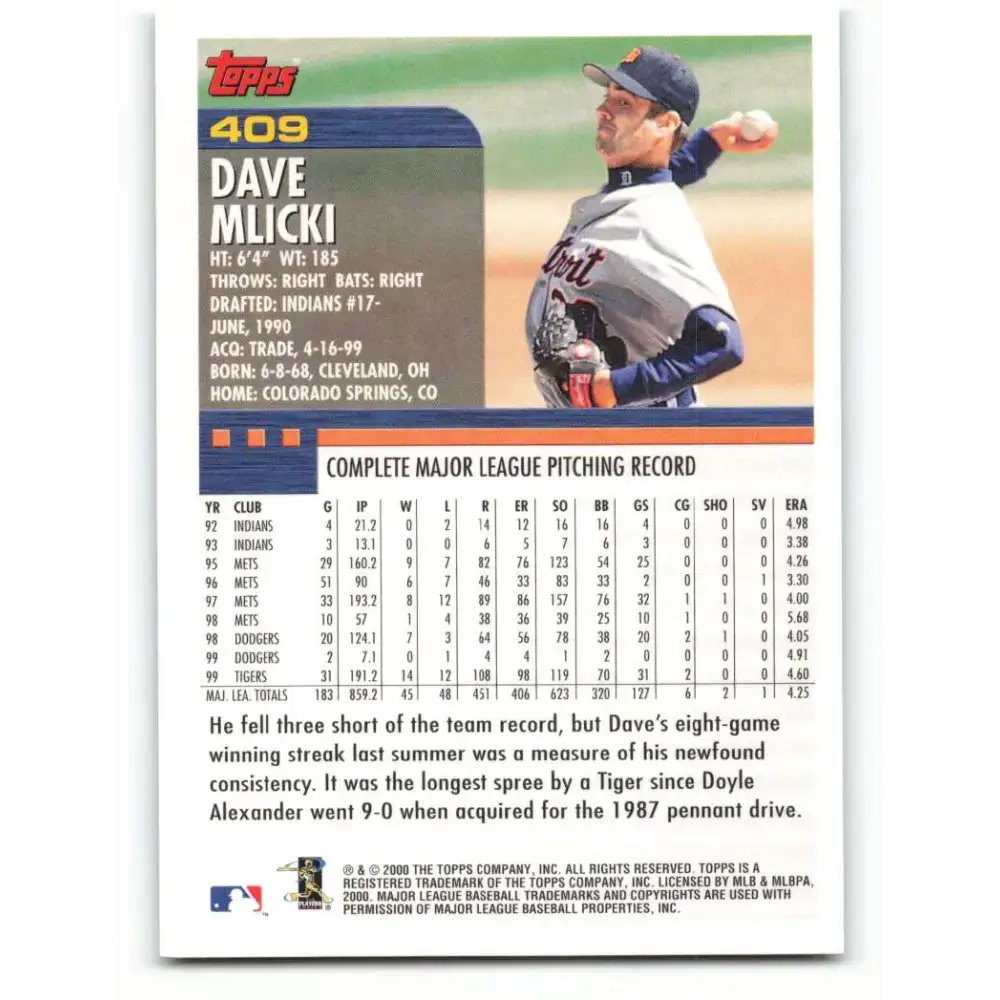 2000 Topps #409 Dave Mlicki EX Excellent Detroit Tigers Baseball Card - Baseball Card Single