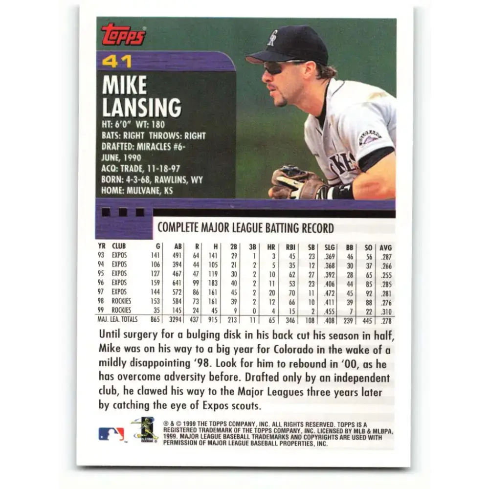 2000 Topps #41 Mike Lansing EX Excellent Colorado Rockies Baseball Card - Baseball Card Single