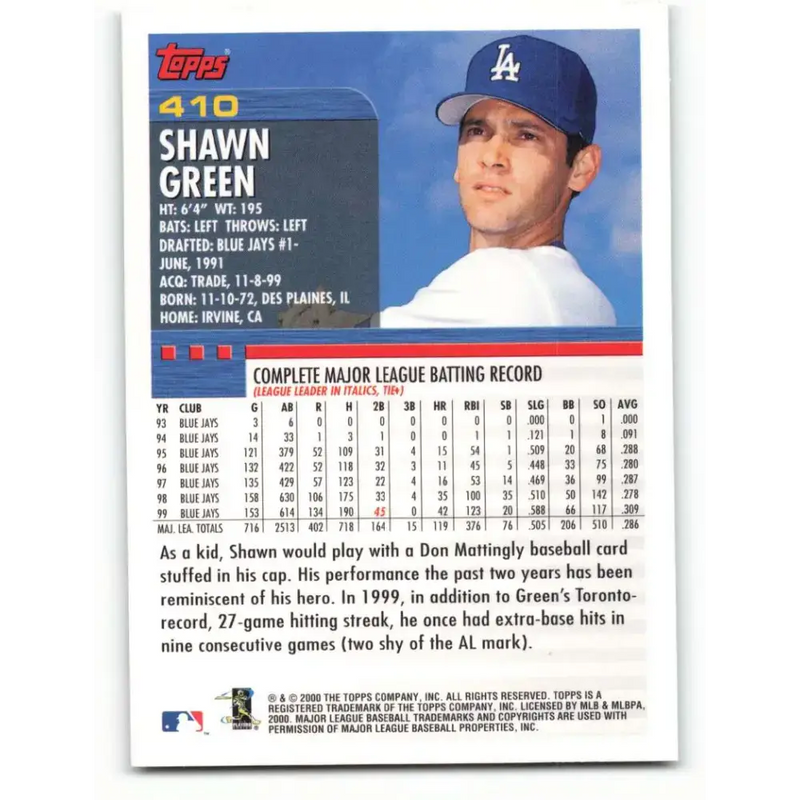 2000 Topps #410 Shawn Green EX Excellent Los Angeles Dodgers Baseball Card - Baseball Card Single