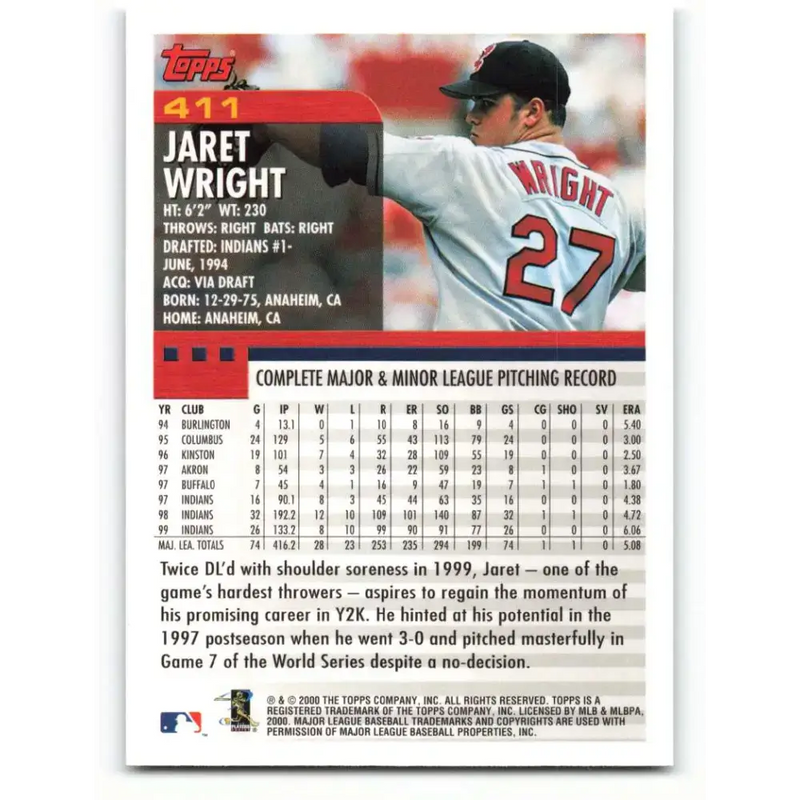 2000 Topps #411 Jaret Wright EX Excellent Cleveland Indians Baseball Card - Baseball Card Single