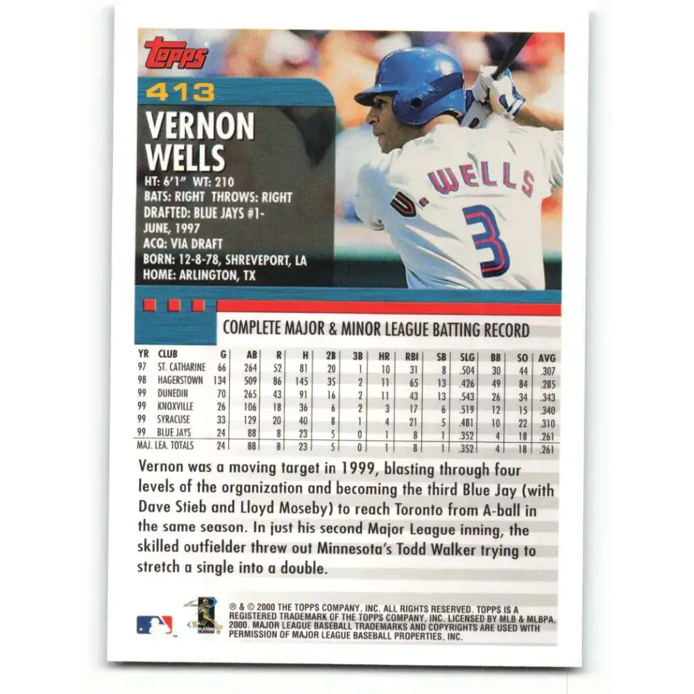 2000 Topps #413 Vernon Wells EX Excellent Toronto Blue Jays Baseball Card - Baseball Card Single