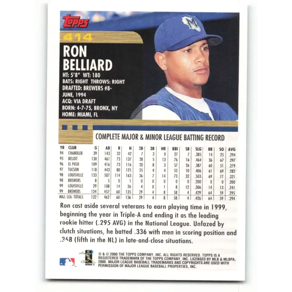 2000 Topps #414 Ronnie Belliard EX Excellent Milwaukee Brewers Baseball Card - Baseball Card Single